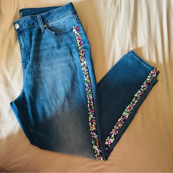 New York & Company Blue Jeans with Multicolor Sequin Detail - Picture 3 of 7